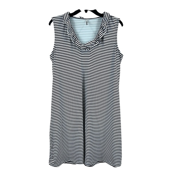 Lulu B UPF 50+ Nautical Navy White Striped Ruffle Neck Sleeveless Shift Dress - Picture 1 of 10